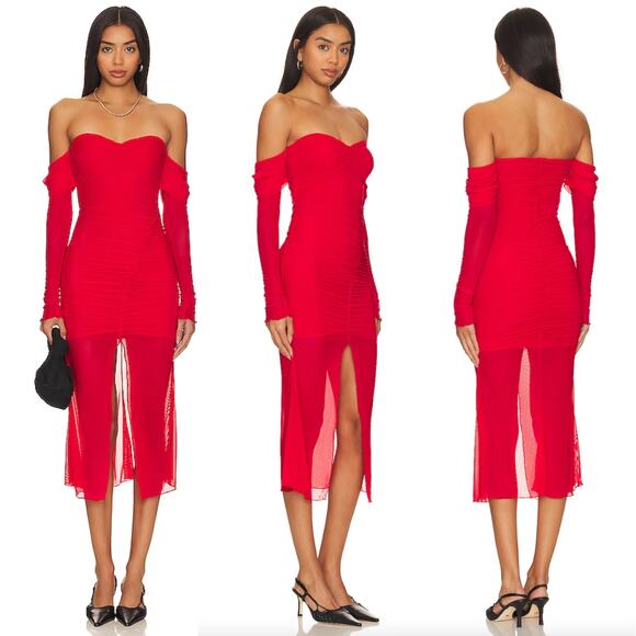 Majorelle | Elise Cherry Red Mesh Ruched Off Shoulder Midi Dress S - Picture 1 of 16